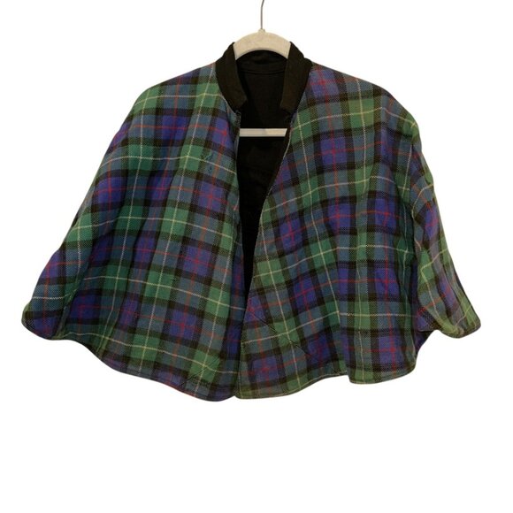 Vintage 50s Black Watch Green blue plaid reversible black Scottish Capelet 1 SZ - Picture 7 of 7